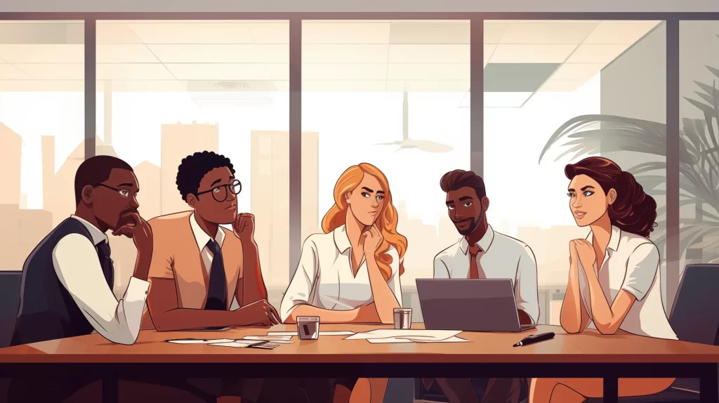 Group of disgruntled employees sitting around a desk