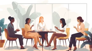 Group of diverse female employees talking together around a table