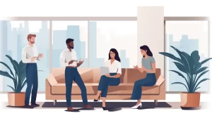 Employees chatting together on a couch in a hotel setting