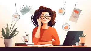 Woman happily working from her home office