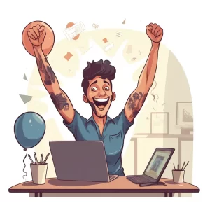 Young White person with tattoos celebrating at their desk
