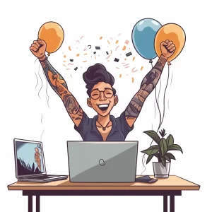 Young White person with tattoos celebrating at their desk