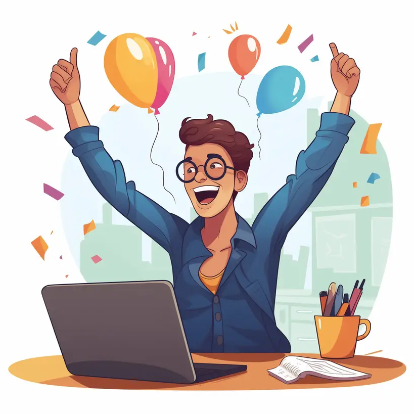 Young person celebrating at their desk