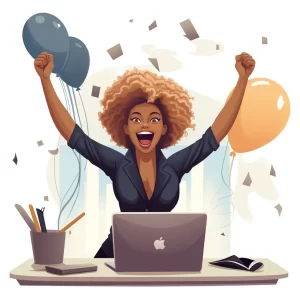Young Black woman with blonde hair celebrating at her desk
