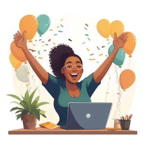 Young Black woman with glasses celebrating at her desk