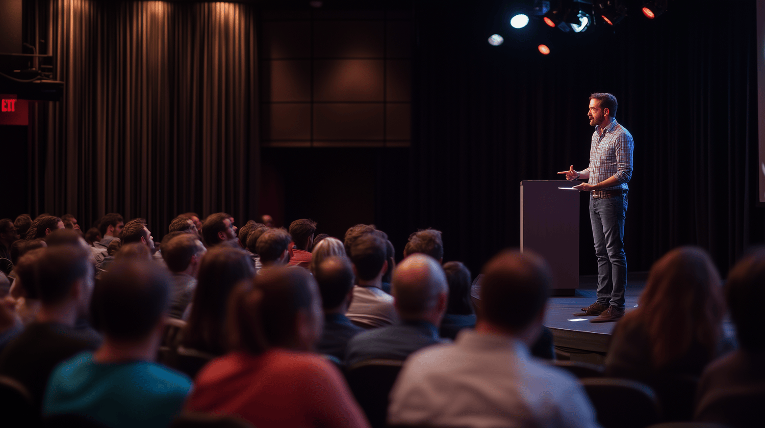 Man speaking on stage at conference event
