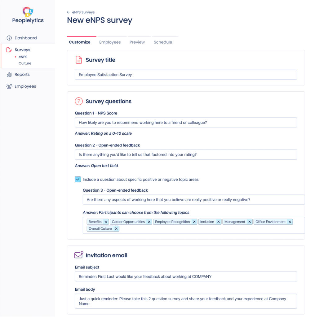 eNPS survey creation screen