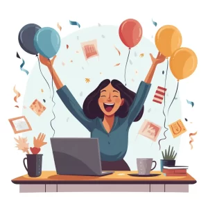 Young Asian woman celebrating at her desk