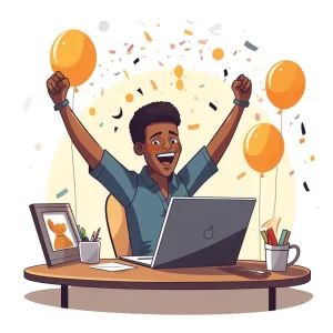Young Black man celebrating at his desk