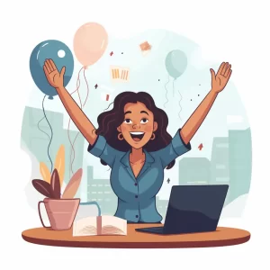 Young Hispanic woman celebrating at her desk