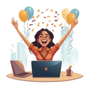 Young Indian woman celebrating at her desk