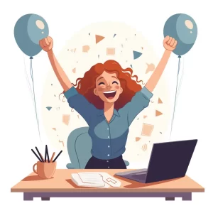 Young red haired woman celebrating at her desk