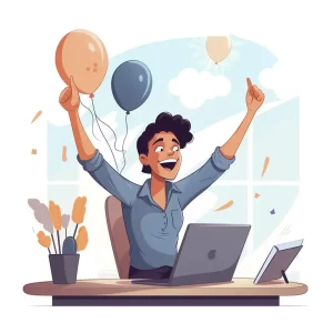 Young White male celebrating at his desk