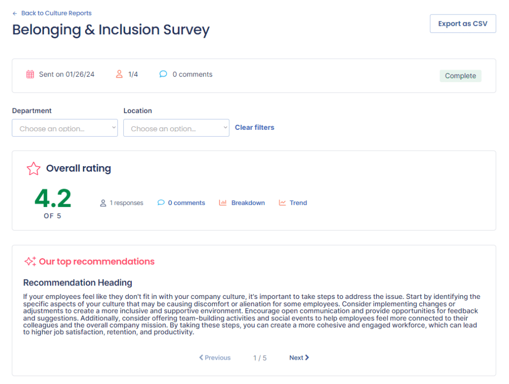 Employee survey results screenshot with AI recommendations