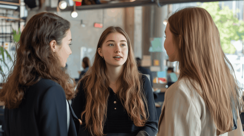 3 female colleagues talking about results at work