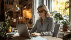Female HR manager working at her home office on a laptop