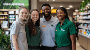 4 workers in a storefront smiling together