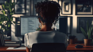 Woman working at her desk building employee surveys