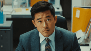 Asian man working in office setting looking a bit confused