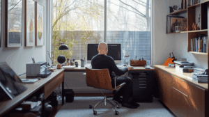 bald man working at his home office