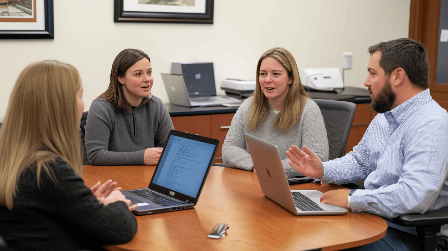 employees discussing work around a conference room table