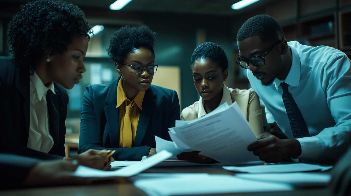 People working together in an office setting reviewing results