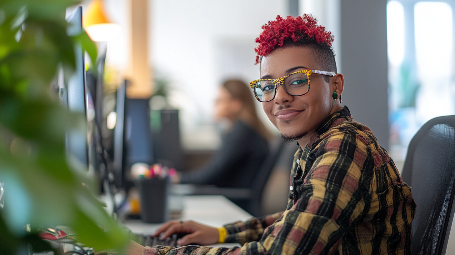 Trans person working at their office desk