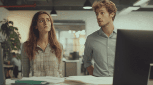 Two employees looking a bit unsure of what to do