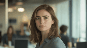 Woman looking thoughtful in work setting