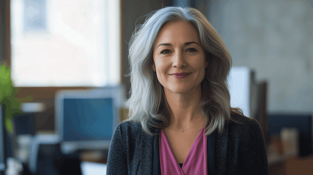 Woman with gray hair in the office