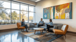 Coworkers talking in the office