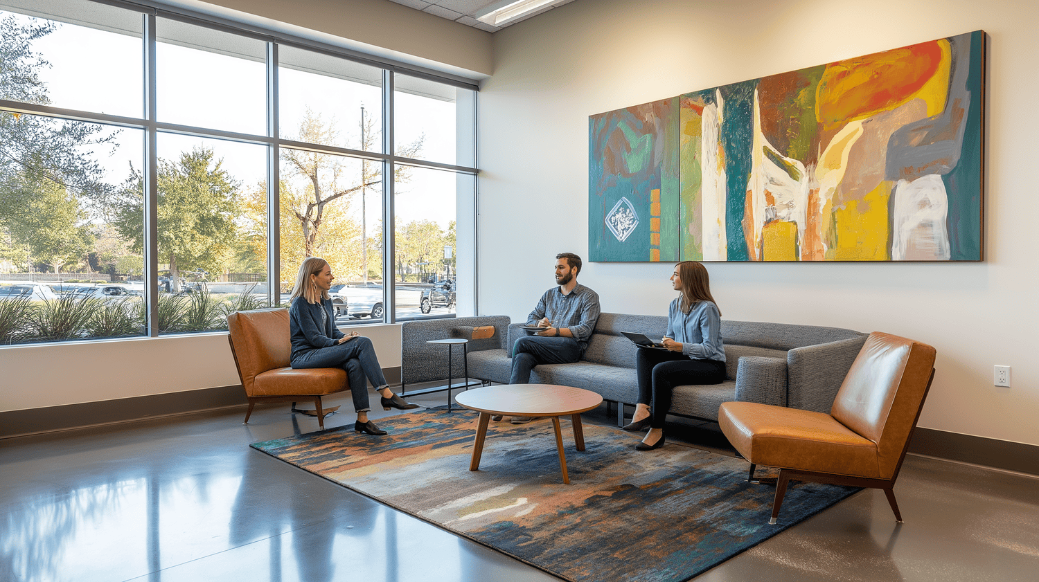 Coworkers talking in the office