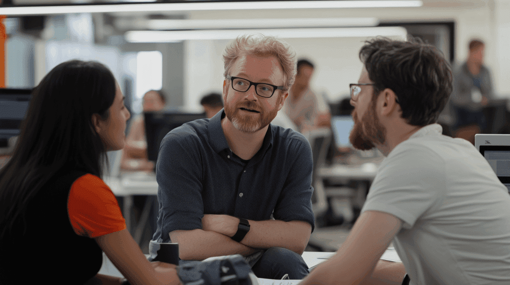 Employees having a discussion in the office
