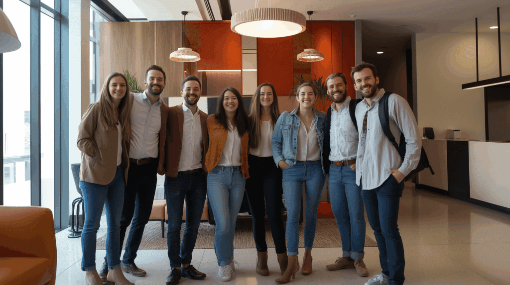 Group of coworkers standing together in office lobby area