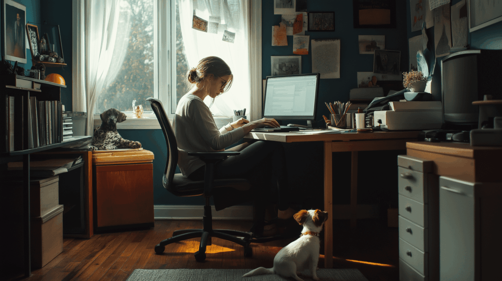 Remote employee working from home with her dog