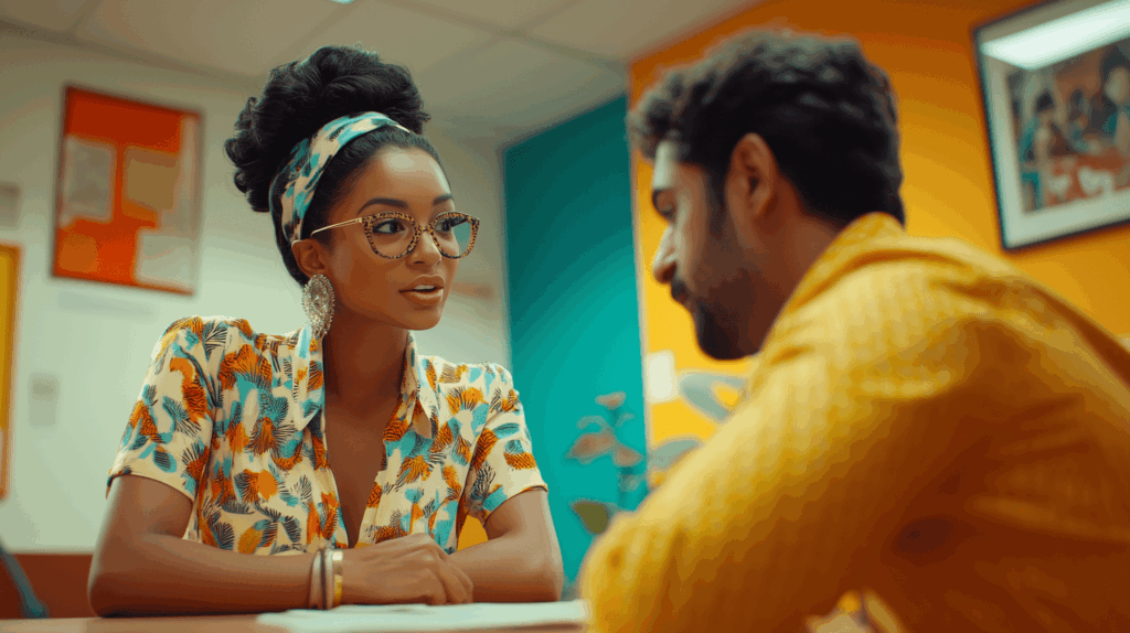 Two employees talking in a bright office space
