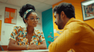 Two employees talking in a bright office space