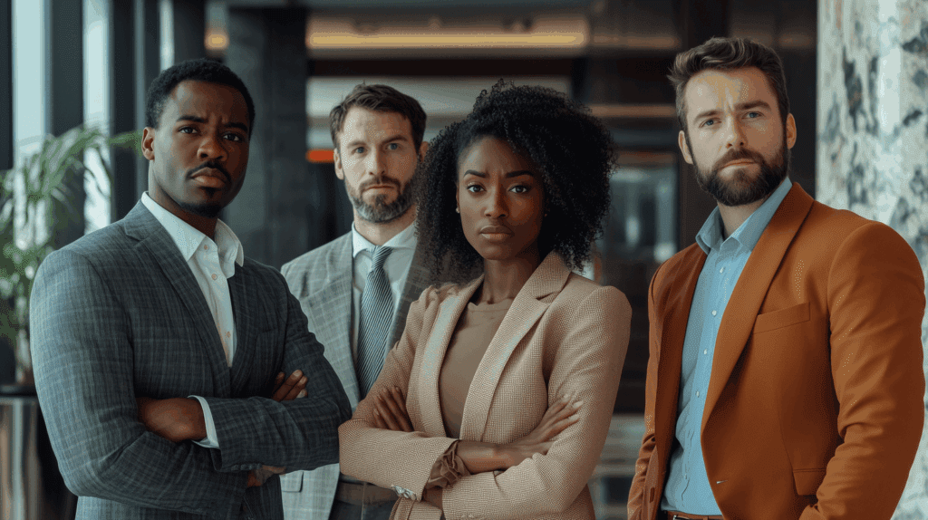 A group of employees in suits looking unconvinced