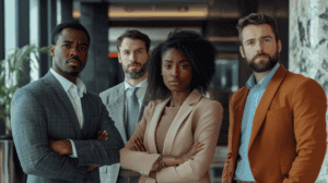 A group of employees in suits looking unconvinced