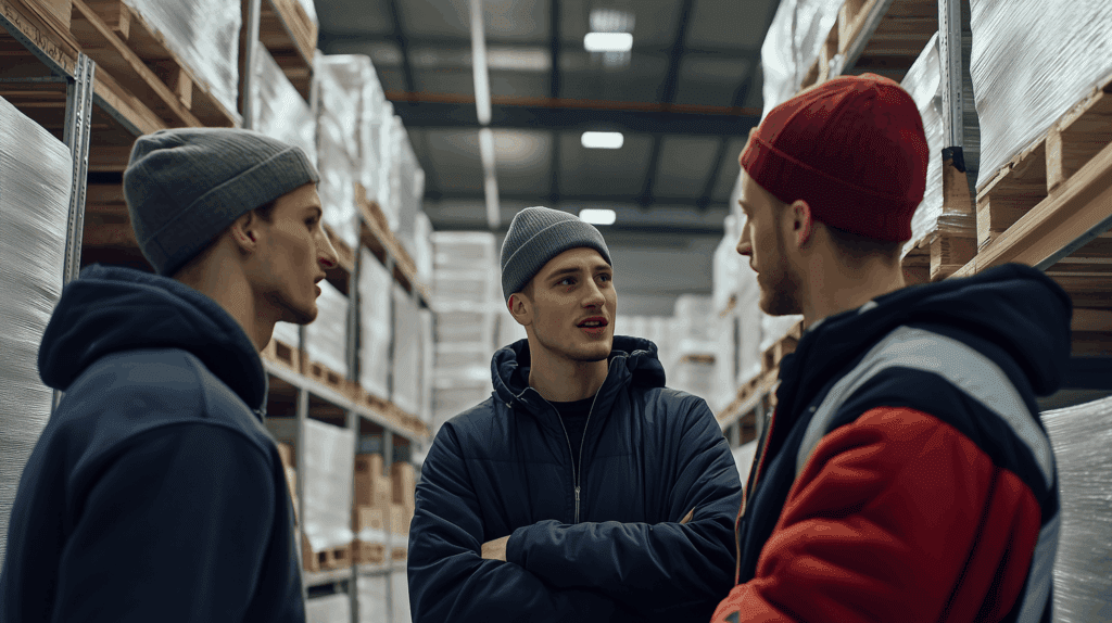 Warehouse workers discussing workplace safety
