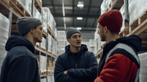 Warehouse workers discussing workplace safety