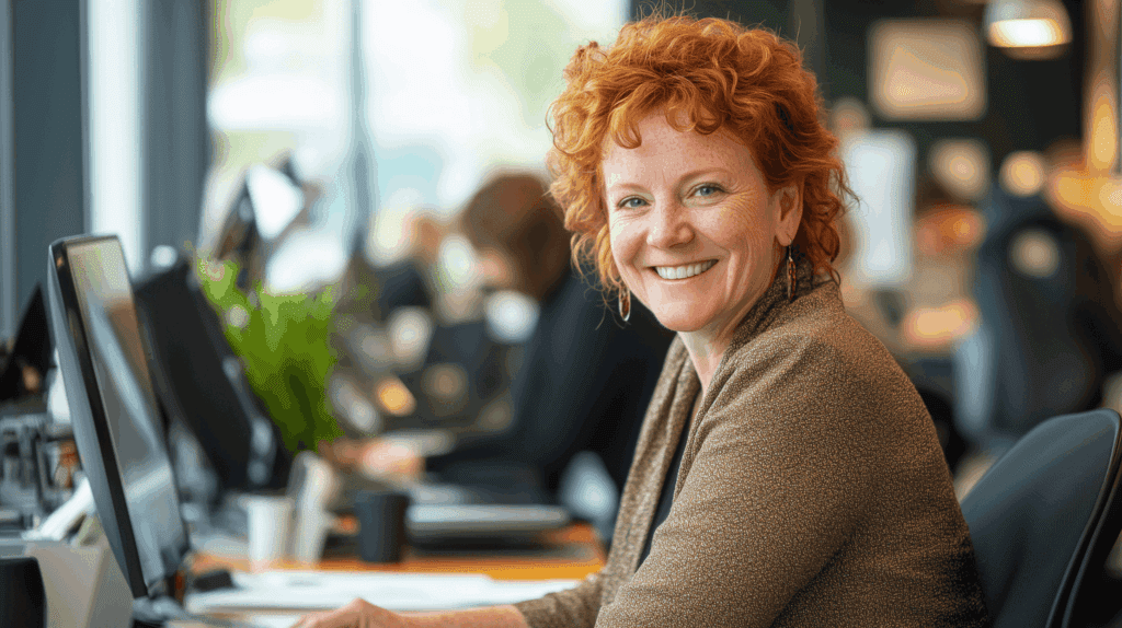 Woman smiling at her computer in the office