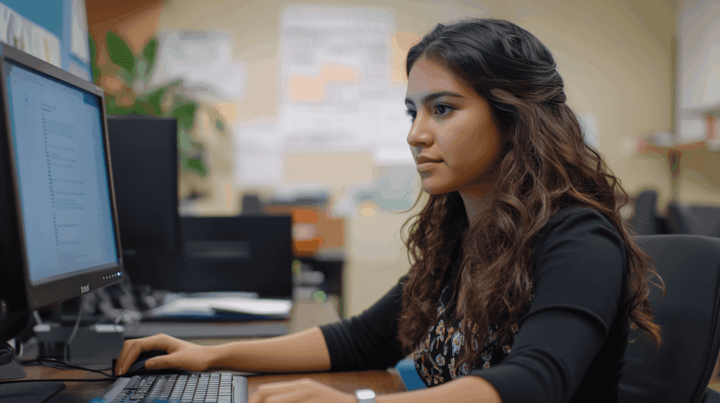 Young Hispanic female employee working on her computer