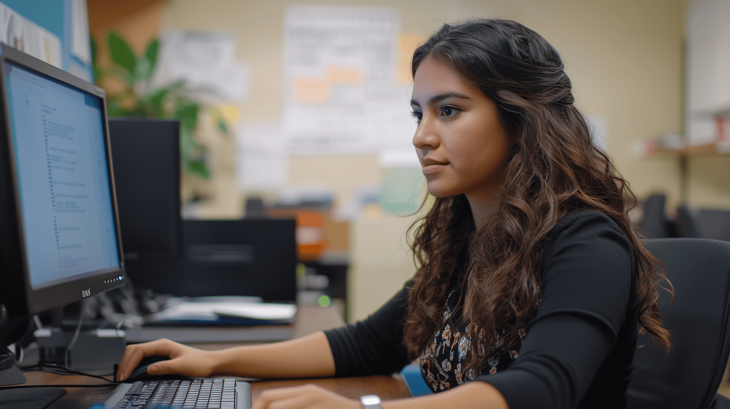Young Hispanic female employee working on her computer