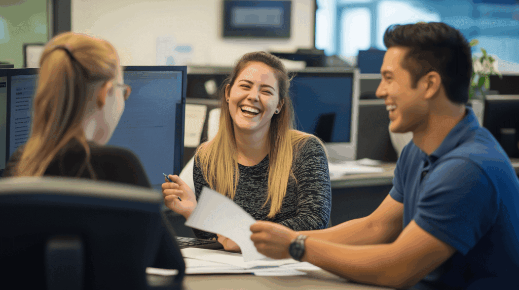 colleagues laughing about fun survey questions