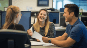 colleagues laughing about fun survey questions