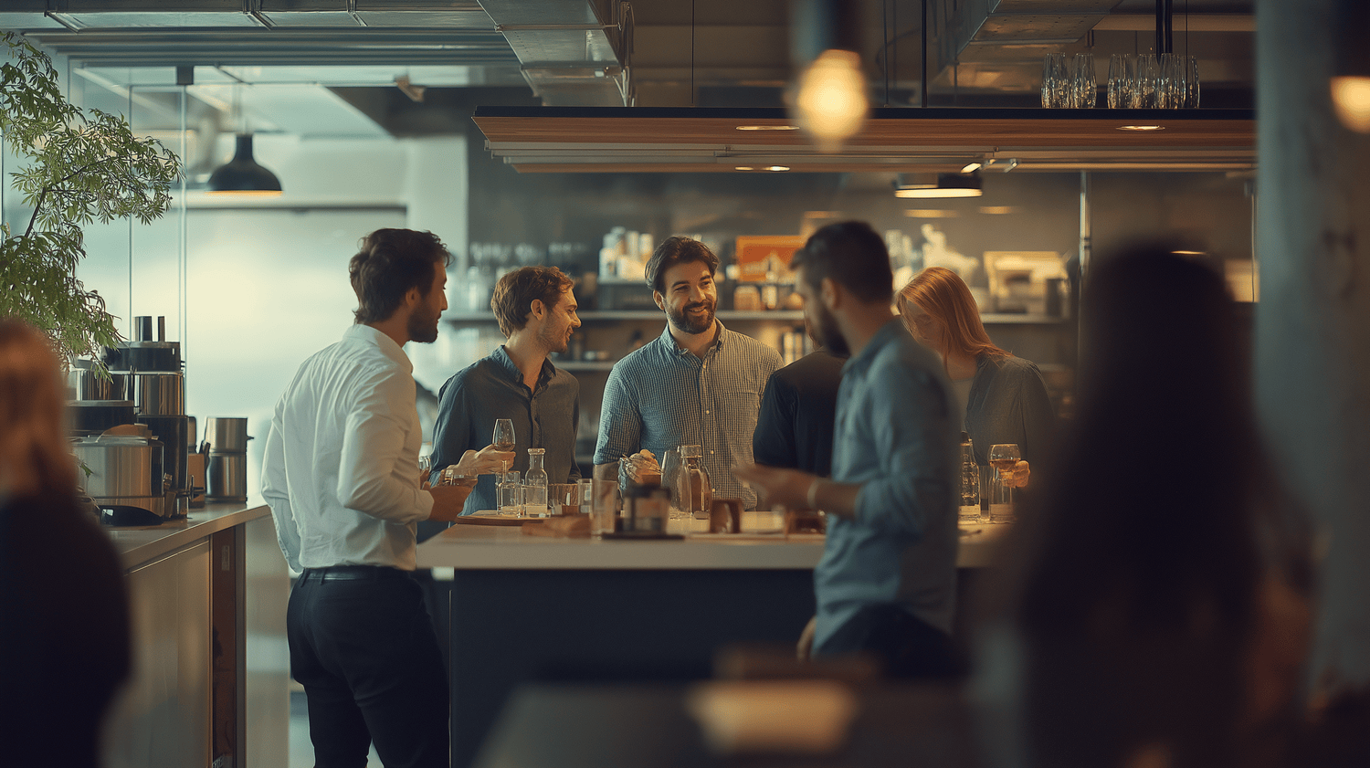 Coworkers mingling in the kitchen at office