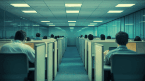 Workers sitting in a cubicle farm office setup