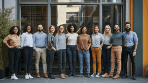 Diverse group of workers outside of their business