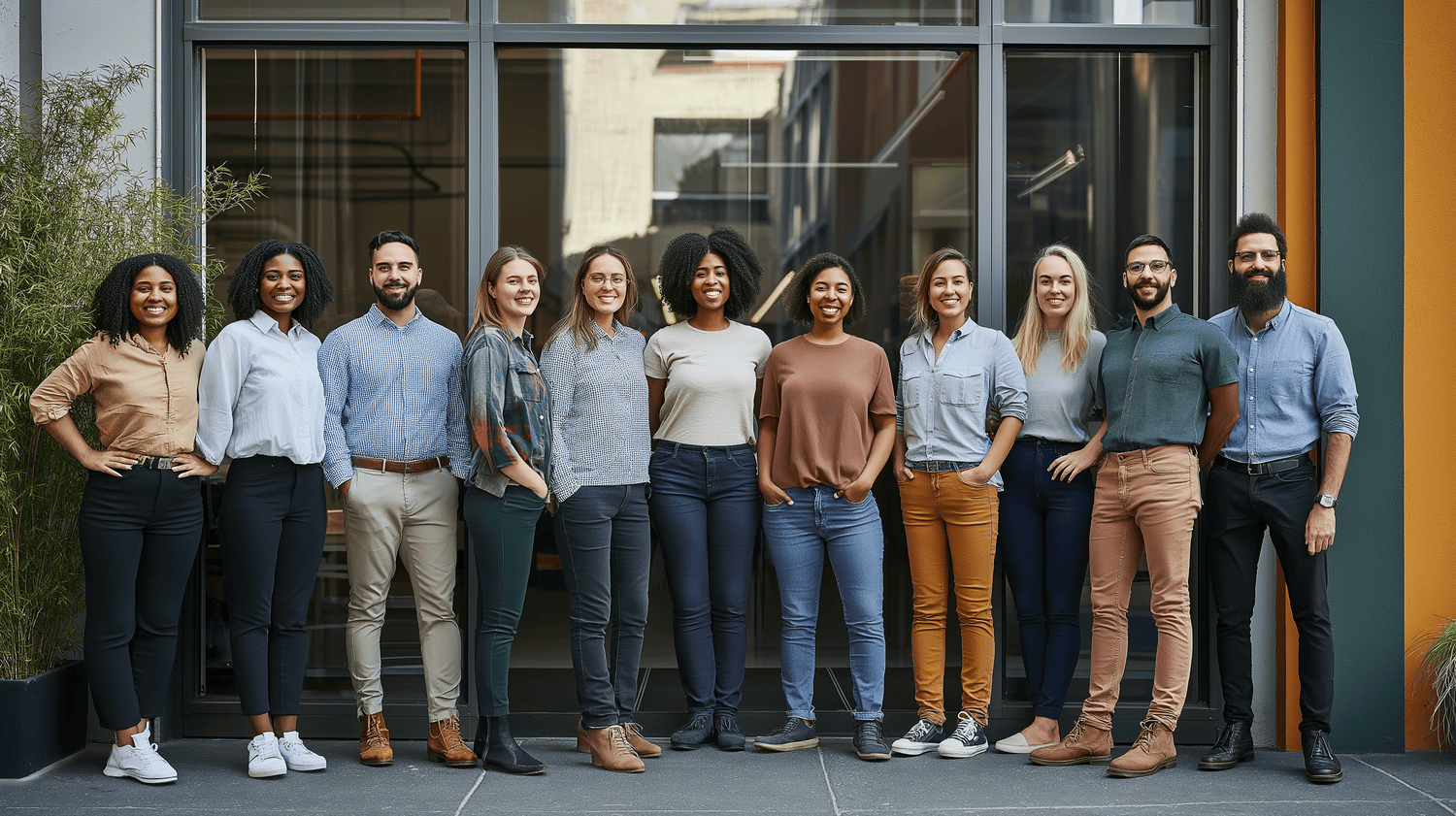Diverse group of workers outside of their business